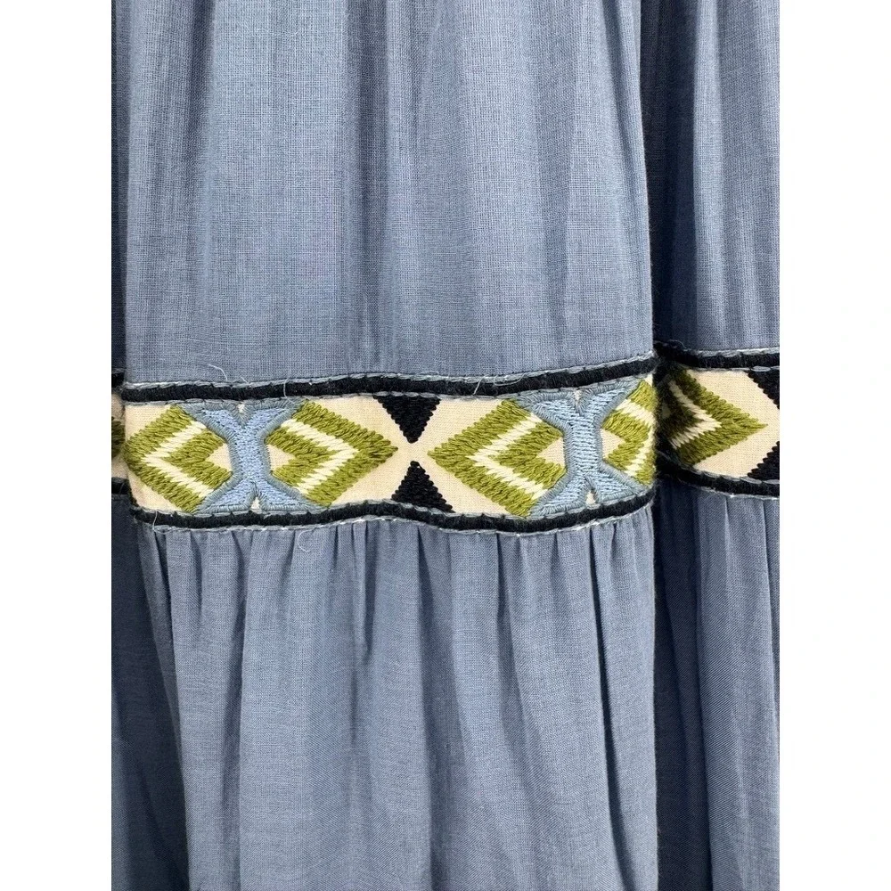 Tory Burch Blue Tiered Midi Dress Embroidered Long Sleeve Boho Peasant Women XS